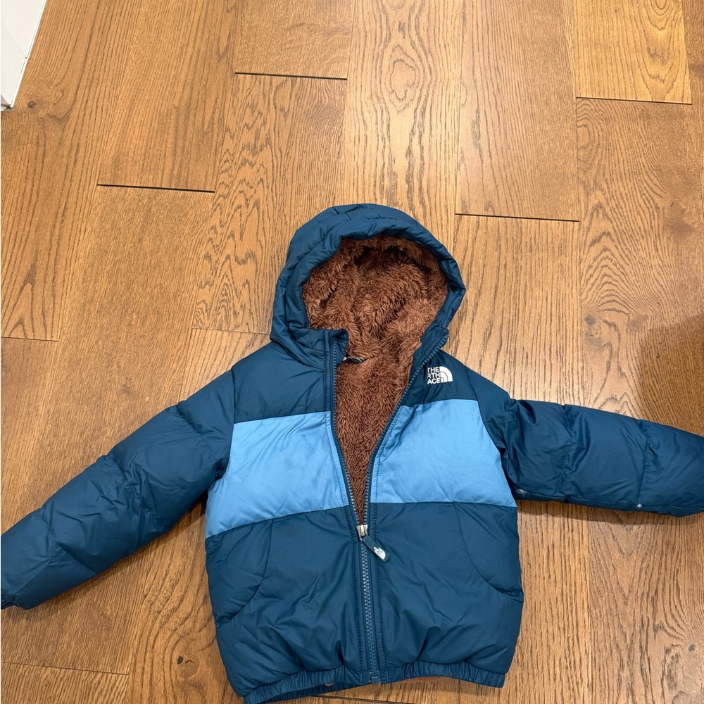 The North Face Navy & Light Blue Hooded Puffer Jacket with Brown Faux Fur